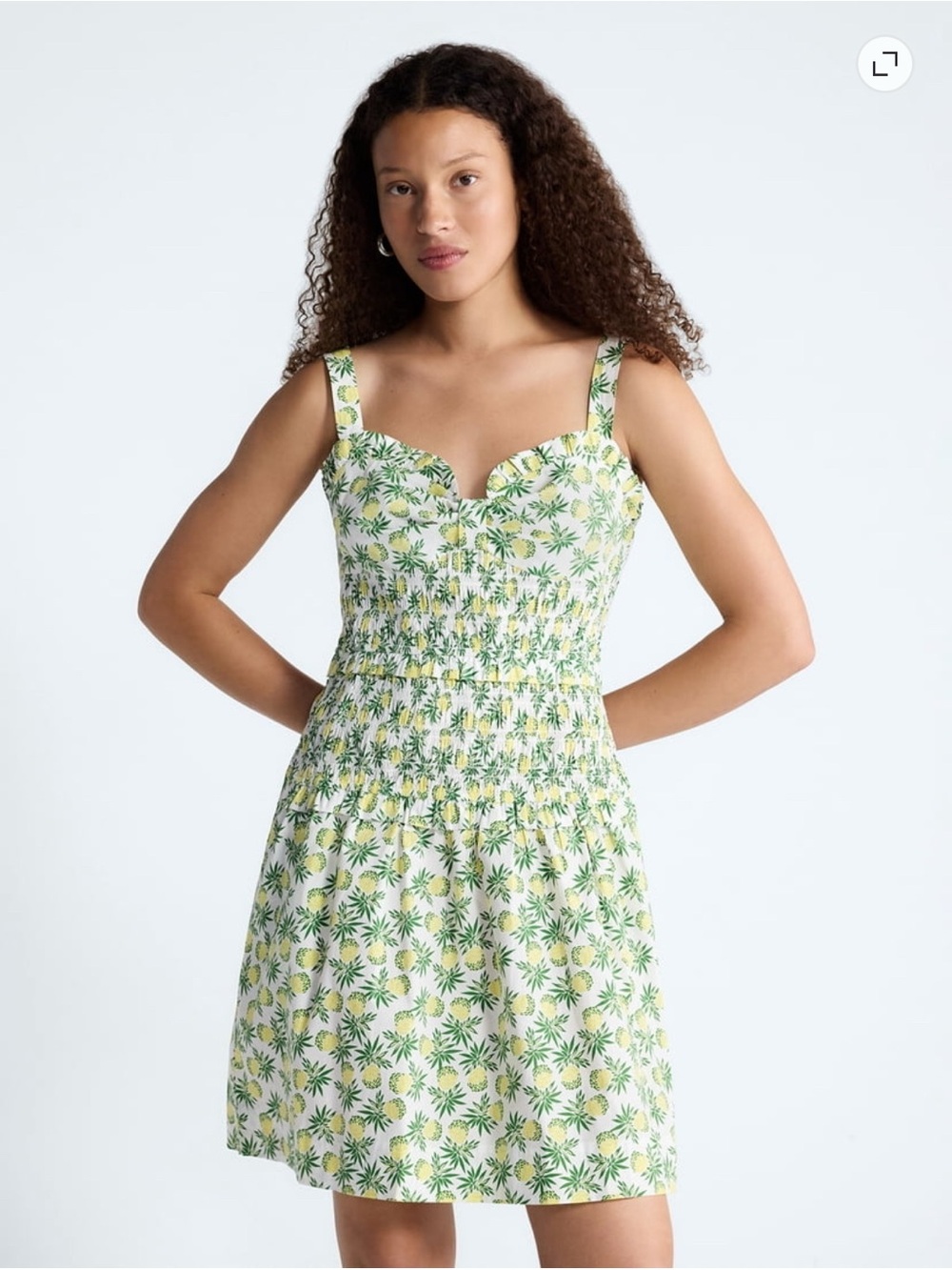 Free Assembly Pineapple Pop Sweetheart Smocked Mini Dress L Coastal Tropical